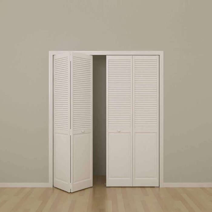 30 in. x 80 in. Louver/Panel Solid Core White Painted Pine Wood Bi-fold Door with Hardware